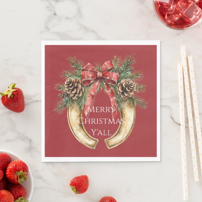 Red Western Gold Horse Shoe Christmas Pine Cones Napkins (Insitu)