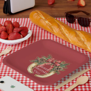 Red Western Gold Horse Shoe Christmas Pine Cones Paper Plates