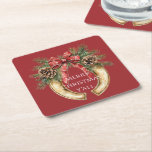 Red Western Gold Horse Shoe Christmas Pine Cones Square Paper Coaster