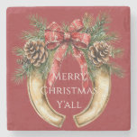 Red Western Gold Horse Shoe Christmas Pine Cones Stone Coaster