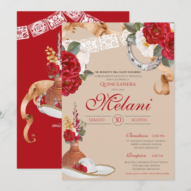 Red Western Rose Charro Ranchero Quinceanera Invitation (Front/Back)