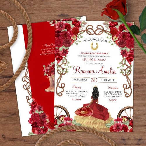 Red Western Rustic Floral Charra Quinceanera  Invitation