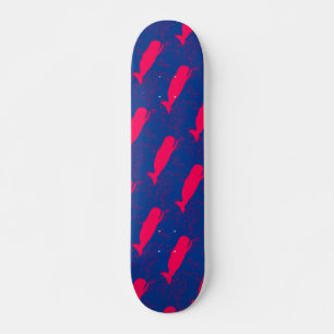 red whales on blue skateboard deck
