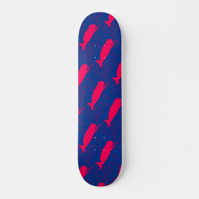 red whales on blue skateboard deck (Front)