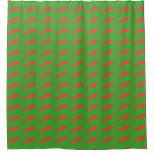 red whales on green shower curtain