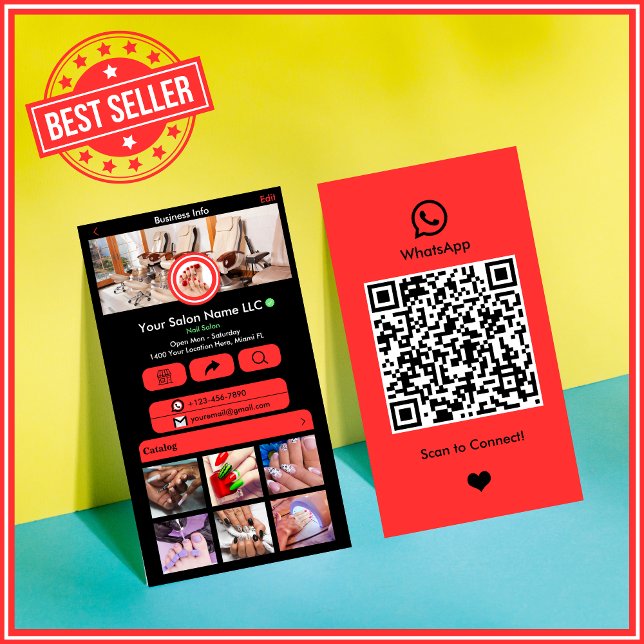 Red WhatsApp Nail Salon QR Social Media Business Card (Creator Uploaded)