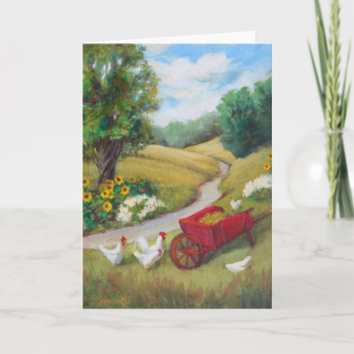 Red Wheelbarrow with Chickens Card