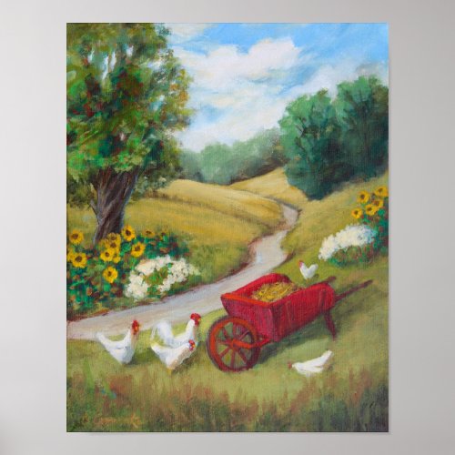 Red Wheelbarrow with Chickens Poster