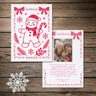 Red Whimsical Bows Gingerbread Man Christmas Letterpress Photo Cards