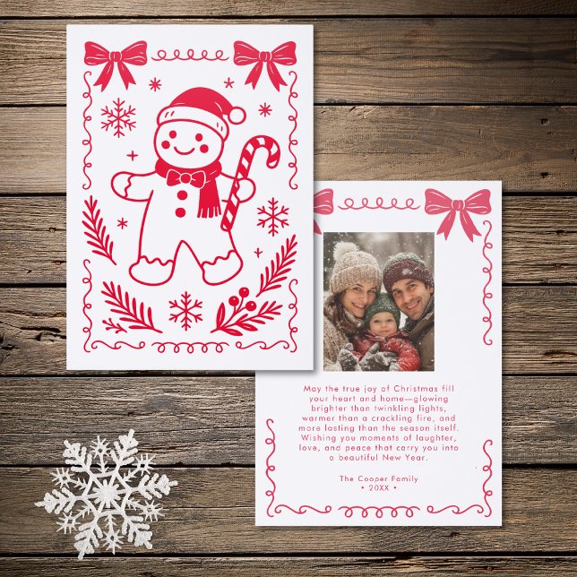 Red Whimsical Bows Gingerbread Man Christmas Letterpress Photo Cards (Red Whimsical Bows Gingerbread Man Christmas Letterpress Photo Cards)