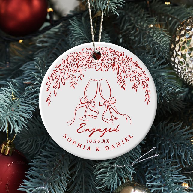 Red Whimsical Cheers Our First Christmas Engaged Ceramic Ornament (Red Whimsical Cheers Our First Christmas Engaged Ceramic Ornament)