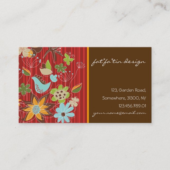 Red Whimsical Floral Garden Nature Bird Flowers Business Card (Front)