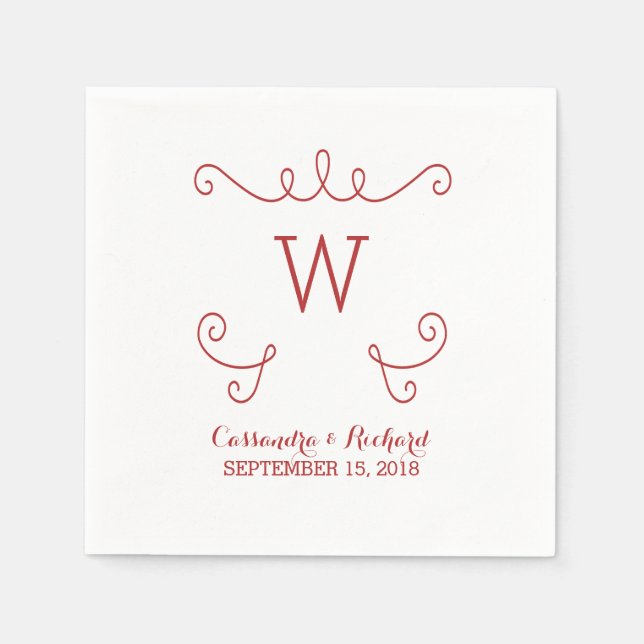 Red Whimsical Flourish Monogram Paper Napkins (Front)