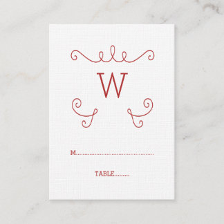Red Whimsical Flourish Monogram Place Card