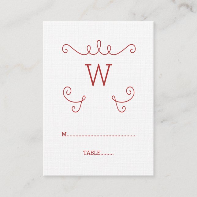 Red Whimsical Flourish Monogram Place Card (Front)