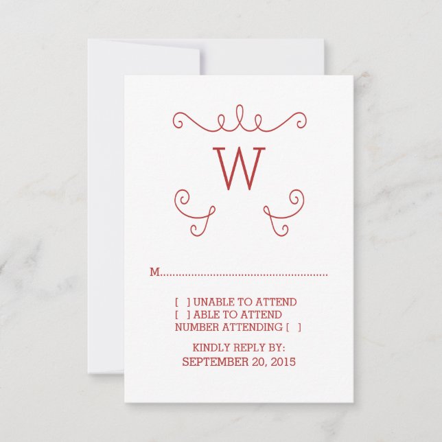 Red Whimsical Flourish Monogram RSVP Card (Front)