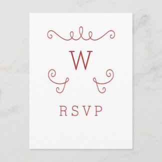 Red Whimsical Flourish Monogram RSVP Postcard
