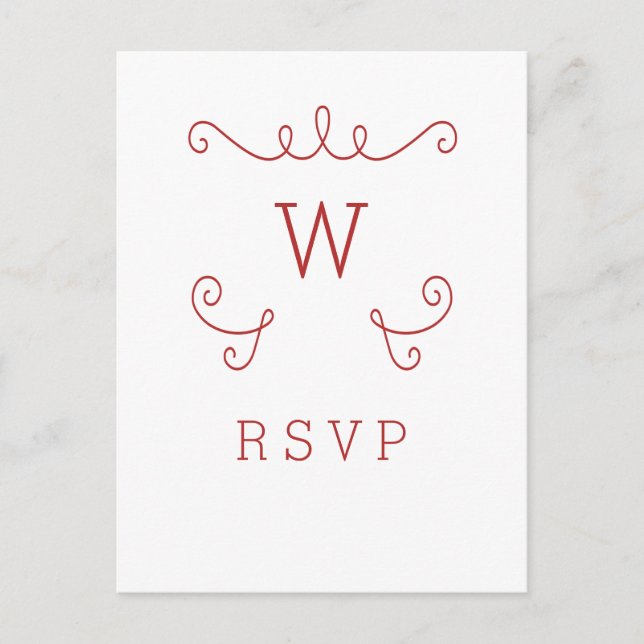 Red Whimsical Flourish Monogram RSVP Postcard (Front)