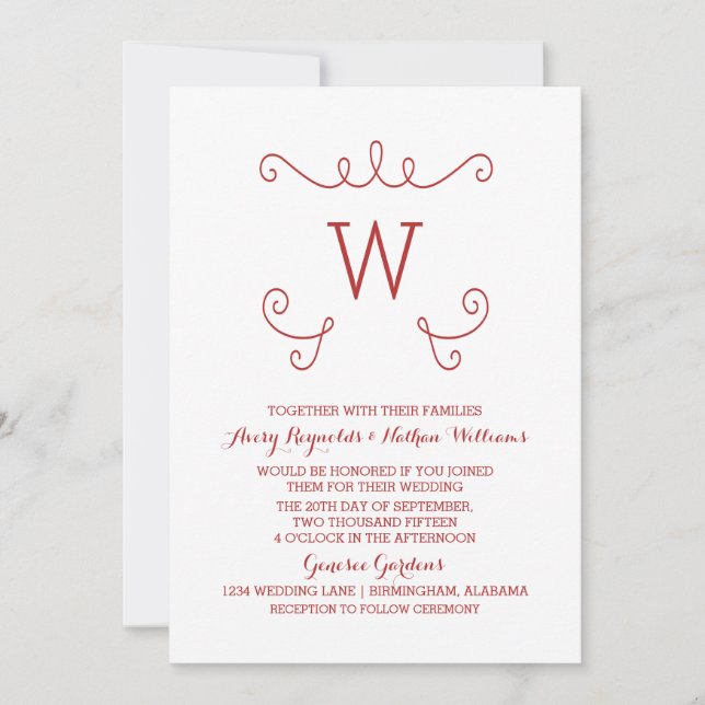 Red Whimsical Flourish Monogram Wedding Invite (Front)