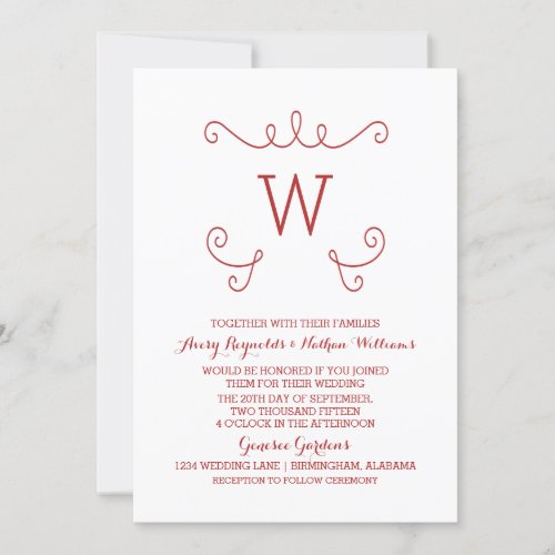 Red Whimsical Flourish Monogram Wedding Invite