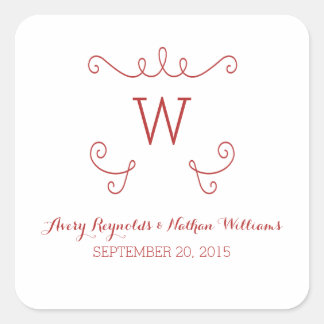 Red Whimsical Flourish Monogram Wedding Stickers