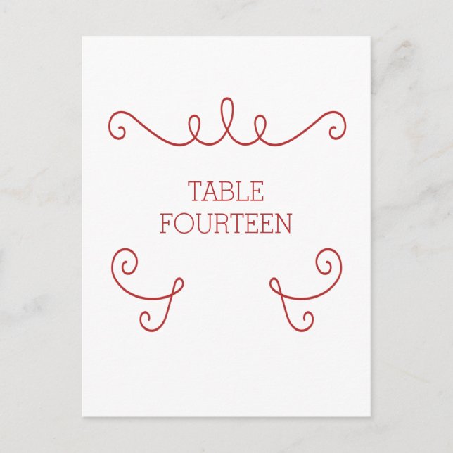 Red Whimsical Flourish Table Number Postcard (Front)