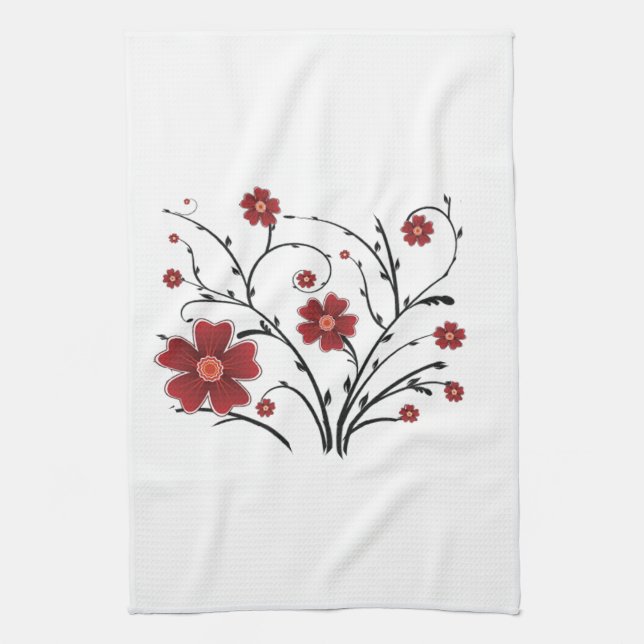 Red Whimsical Flowers Kitchen Towel (Vertical)
