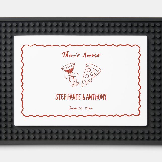 Red Whimsical Frame That's Amore Italian Wedding Bar Mat (Front (Close Up))