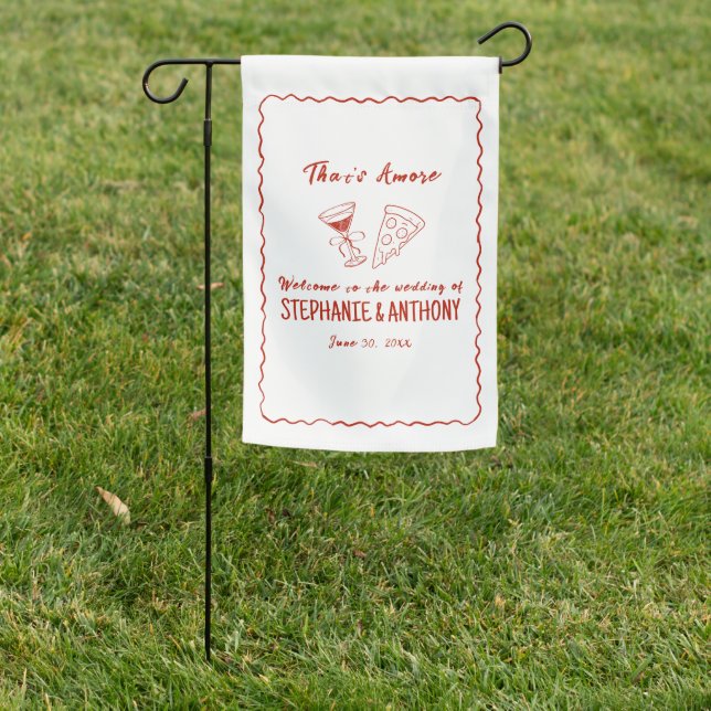 Red Whimsical Frame That's Amore Italian Wedding Garden Flag (In SItu)