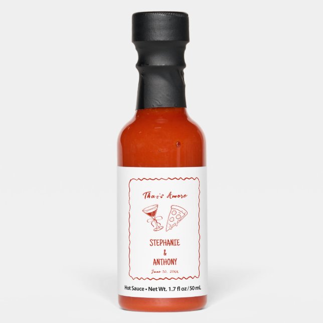 Red Whimsical Frame That's Amore Italian Wedding Hot Sauces (Front)