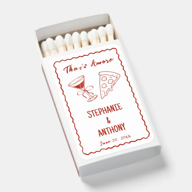 Red Whimsical Frame That's Amore Italian Wedding Matchboxes (Front Open)
