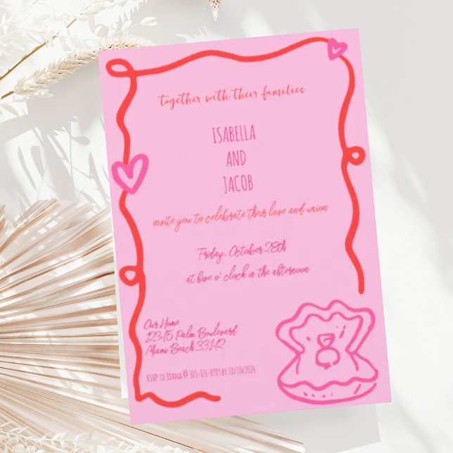 Red Whimsical Hand Drawn Quirky Wavy Wedding Invitation (Creator Uploaded)
