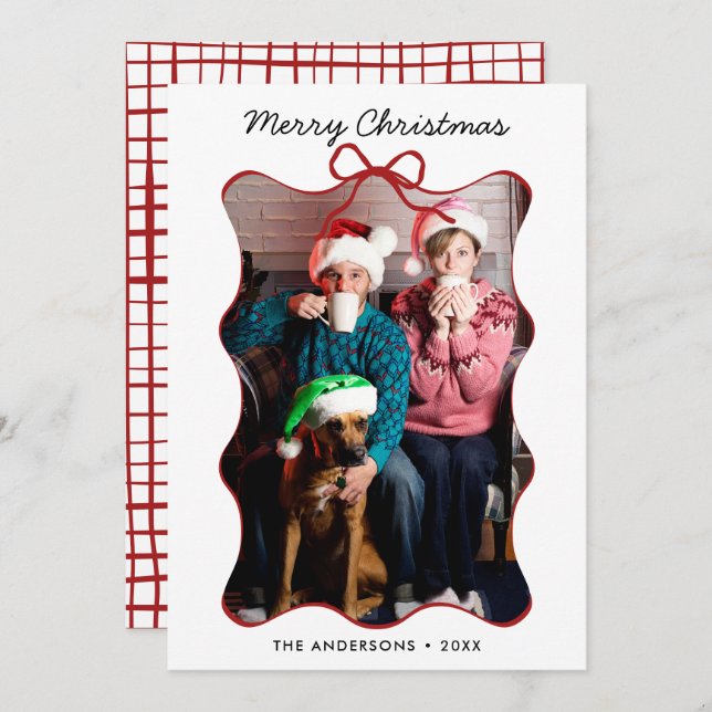 Red Whimsical Hand Drawn Wavy Bow Frame Christmas  Holiday Card (Front/Back)