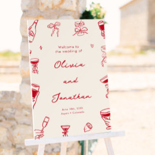 Red Whimsical Hand Drawn Wedding Welcome Foam Board