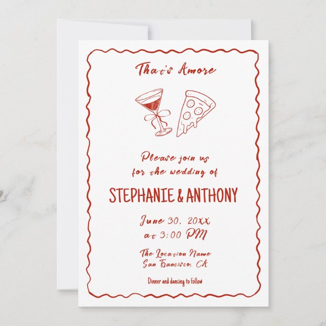 Red Whimsical Pizza That's Amore Italian Wedding Invitation (Front)