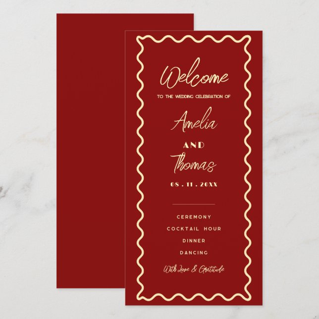 Red Whimsical Retro Classy wedding Program card (Front/Back)