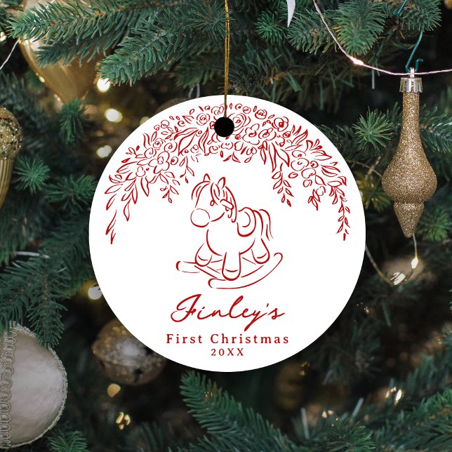 Red Whimsical rocking horse Baby's 1st Christmas Ceramic Ornament (Red Whimsical rocking horse Baby's 1st Christmas Ceramic Ornament)