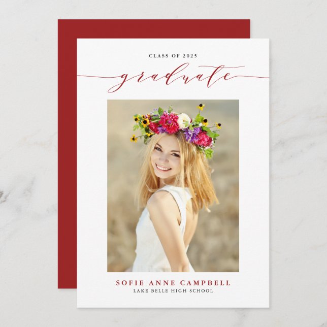 Red Whimsical Script 2022 Photo Graduation Announcement (Front/Back)