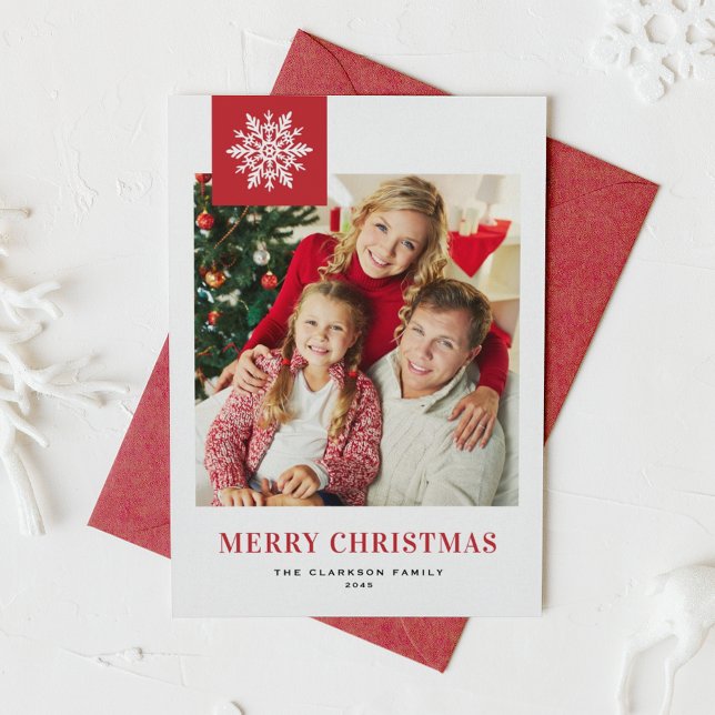 Red Whimsical Snowflake Merry Christmas Photo Holiday Card (Red and white photo Christmas card featuring a white whimsical snowflake.)