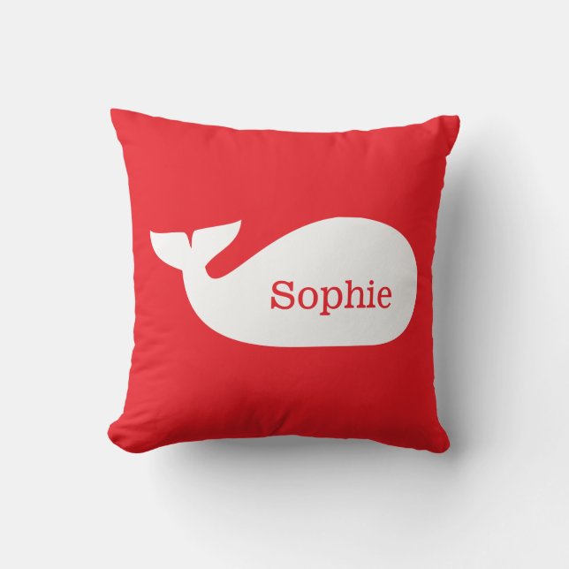 Red Whimsical Whale Personalized Children's Throw Pillow (Front)