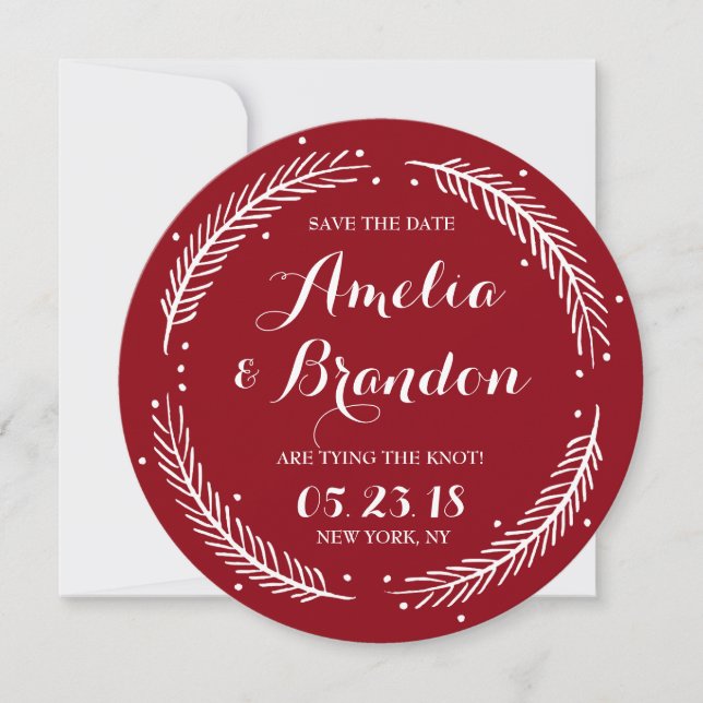Red Whimsical Winter Wreath Save the Date Card (Front)