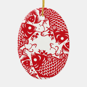 Red Whirling Koi Carp Fish Group Ceramic Ornament