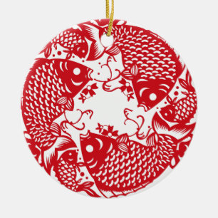 Red Whirling Koi Carp Fish Group Ceramic Ornament