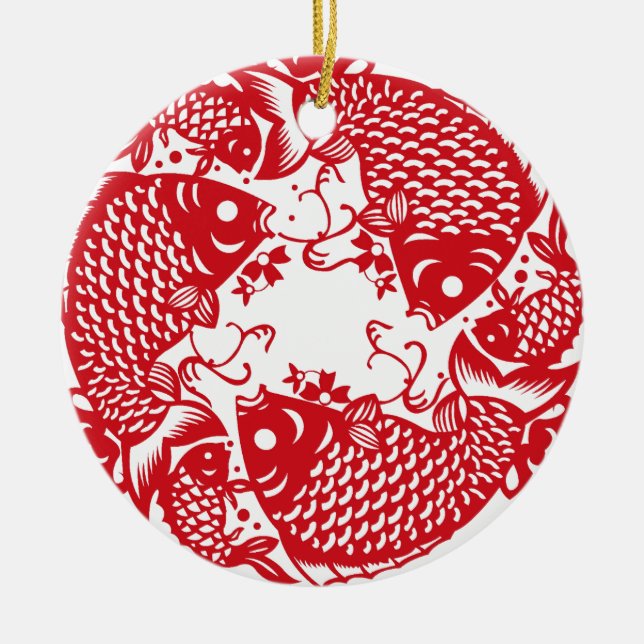 Red Whirling Koi Carp Fish Group Ceramic Ornament (Front)