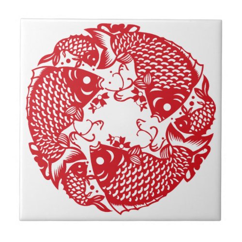 Red Whirling Koi Carp Fish Group Ceramic Tile