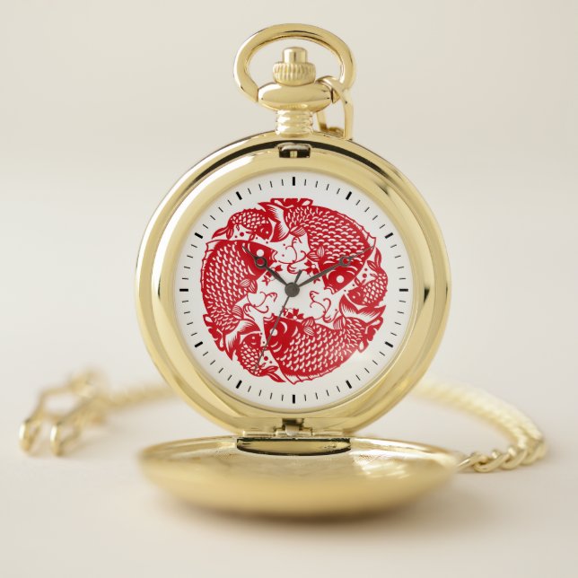 Red Whirling Koi Carp Fish Group Classic WGPW Pocket Watch (Inside)
