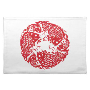 Red Whirling Koi Carp Fish Group Cloth Placemat