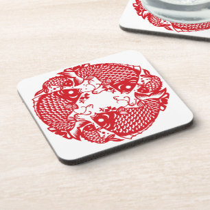 Red Whirling Koi Carp Fish Group SqC Beverage Coaster