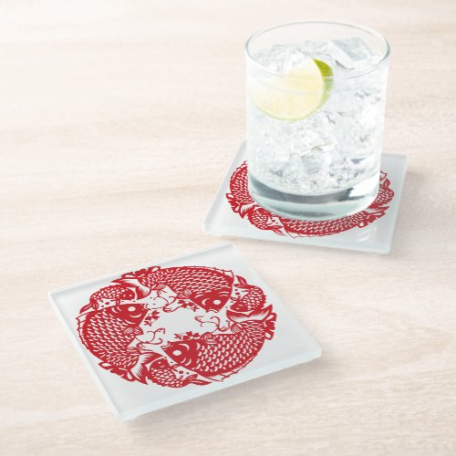 Red Whirling Koi Carp Fish Group SqGC Glass Coaster