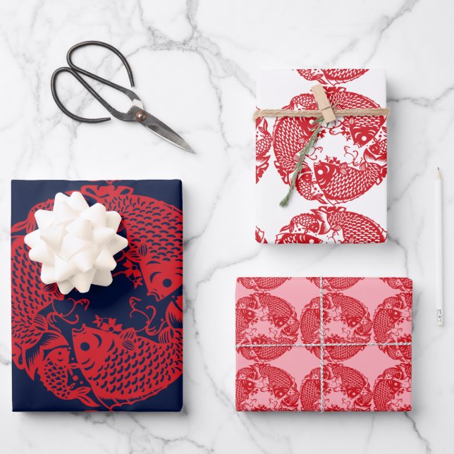 Red Whirling Koi Carp Fish Group WPS3 Wrapping Paper Sheets (Front)